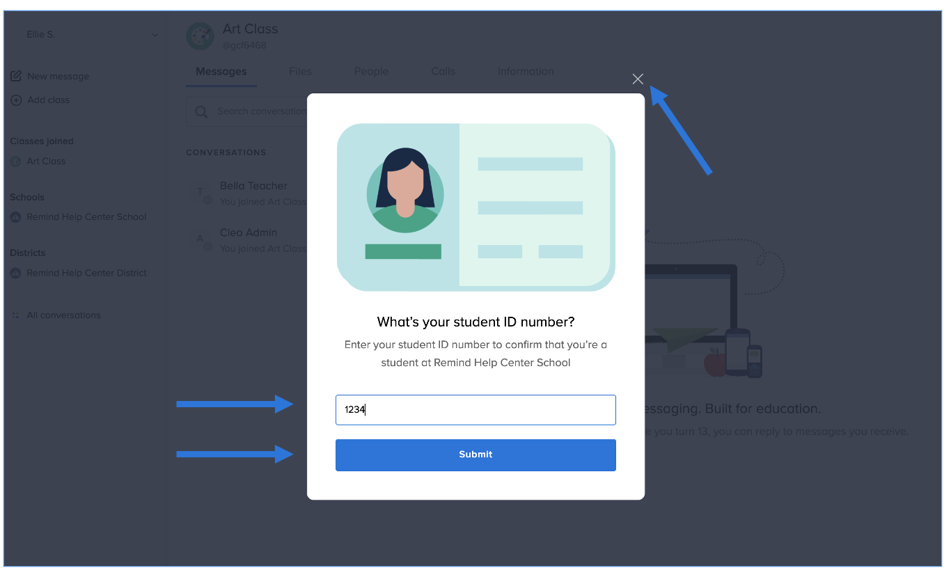 Student ID page, arrows pointing at student ID box with 1234 typed in, Submit button, and X
