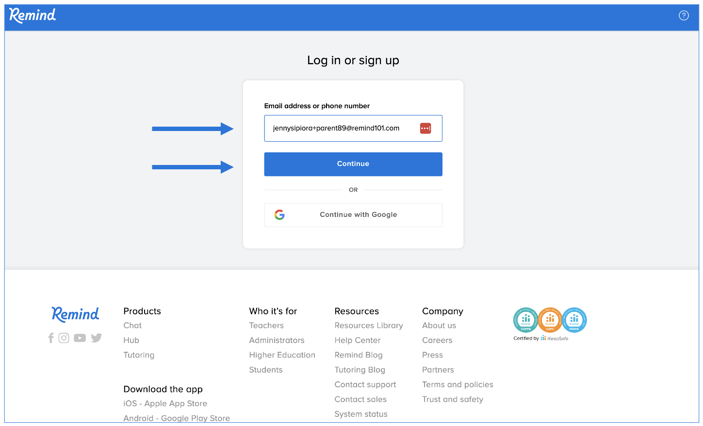 Sign up page with email address typed into box, arrows pointing at email box and Continue button