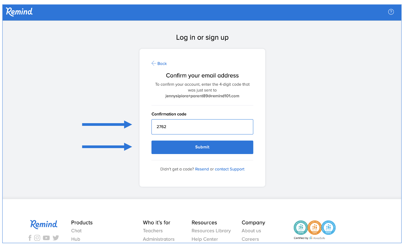 Confirmation page, confirmation code typed into confirmation code box with arrows pointing at confirmation code box and Submit button