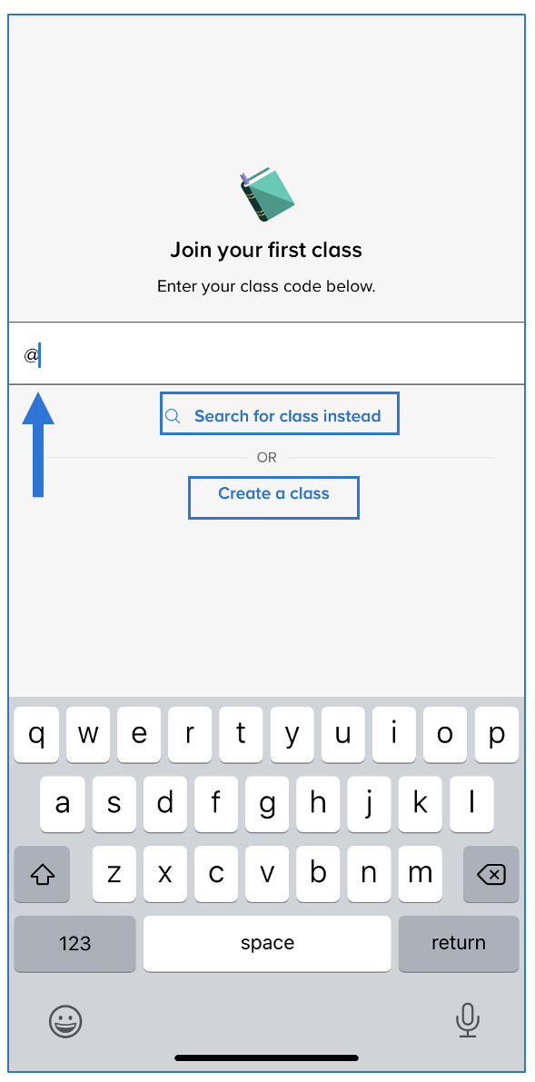 Join your first class screen with arrow pointing to class code box and boxes around search for class instead and create a class options