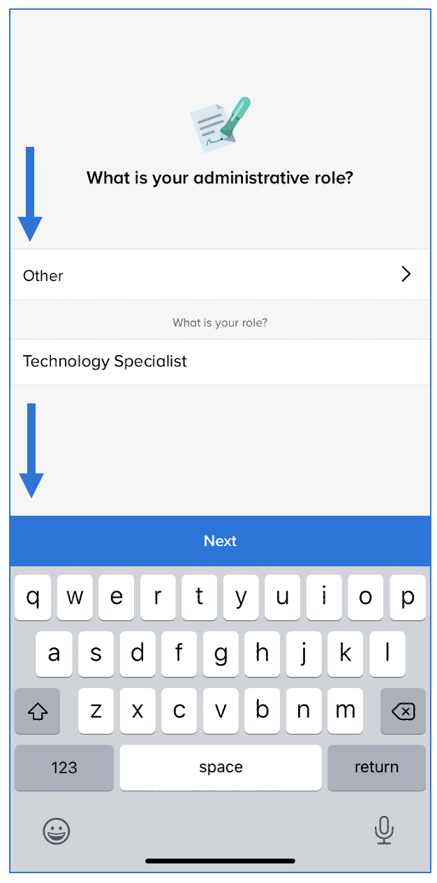 Administrator role screen with arrow pointing at Other, Technology Specialist typed in role box, arrow pointing to Next button
