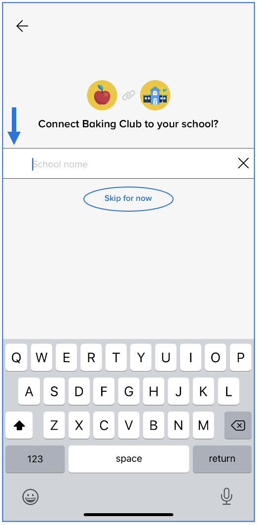 Connect Baking Club to your school screen with arrow pointing to box and circle around Skip for now option