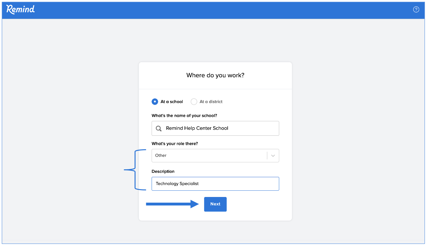 Where do you work page with bracket around role which is selected as Other, Technology Specialist typed into description box, arrow pointing at Next button