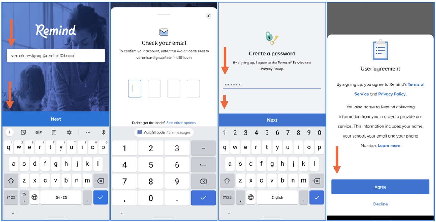 Image block showing sign up screen with arrows pointing at email address and Next button, confirmation code screen, create a password screen with arrows pointing at password and Next button, user agreement screen with arrow pointing at Agree button