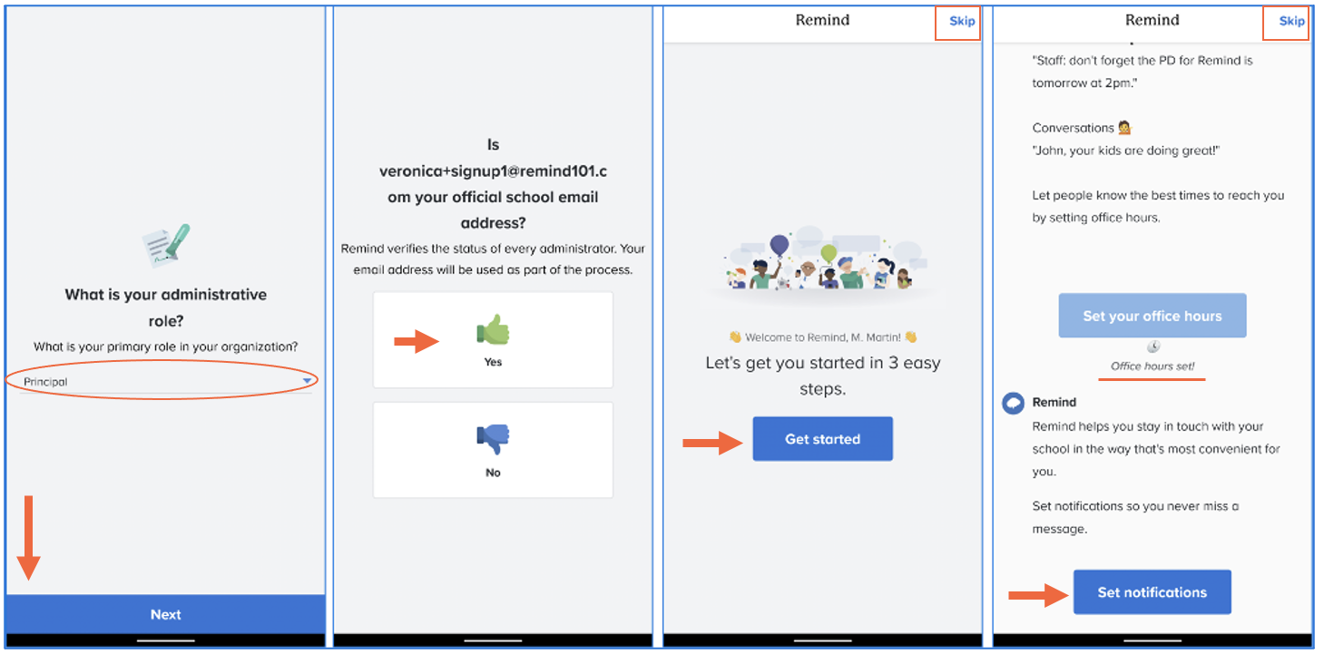 Image block showing what is your administrative role screen with principal selected and circled, official school email address confirmation screen with yes or no options, arrow pointing at yes option, let's get you started screen with arrow pointing at Get started button, set office hours and notifications screen with arrow pointing at Set notifications button