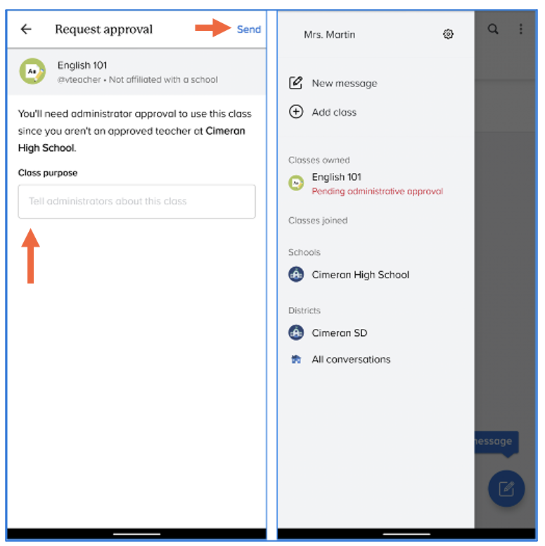 Image block showing request approval screen with arrows pointing at class purpose and Send button, teacher navigation bar showing the pending class under Classes owned