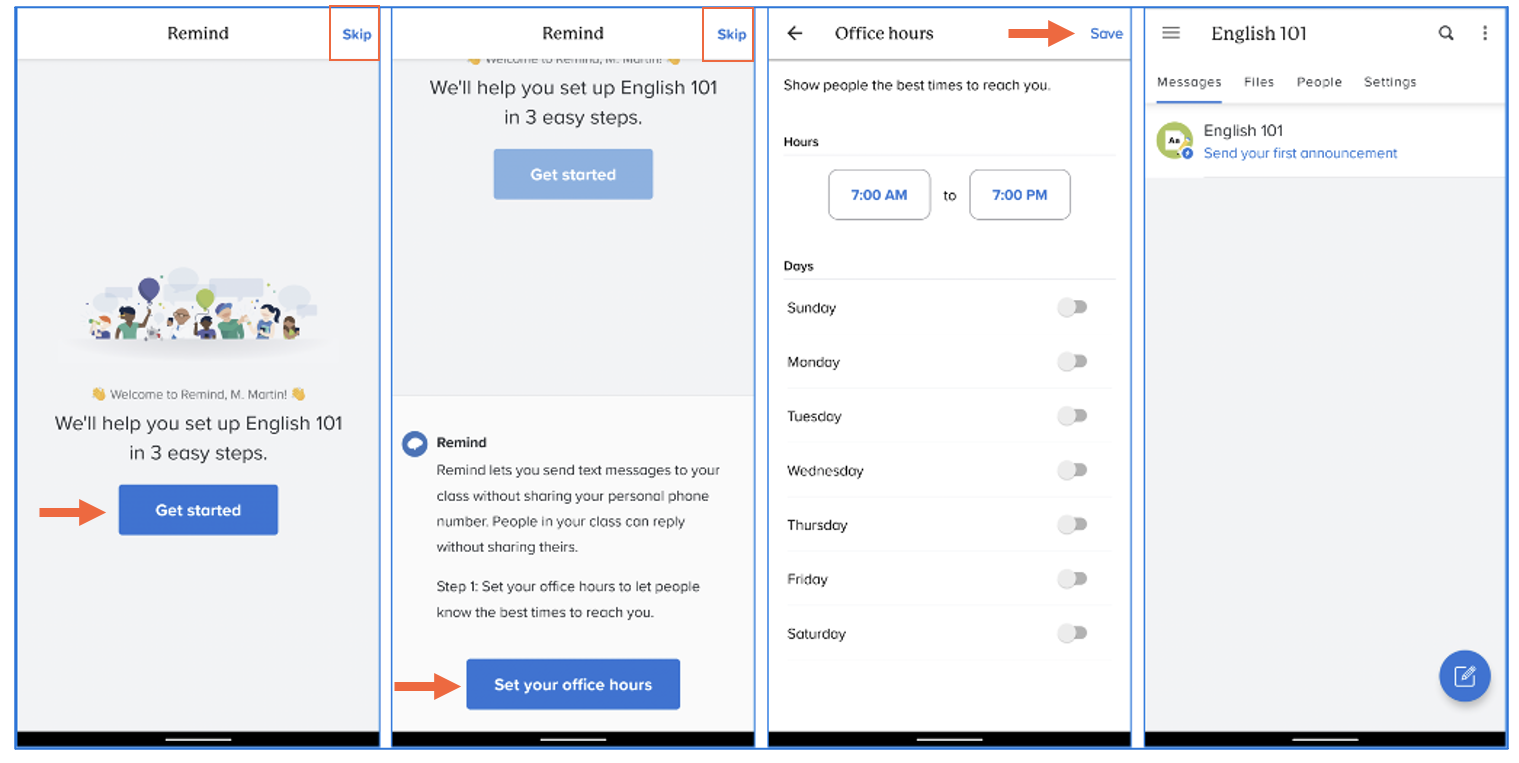 Image block showing get started screen with arrow pointing at Get started button, set office hours screen with arrow pointing at Set your office hours button and a box around Skip, office hours screen with arrow pointing at Save, English 101 class screen