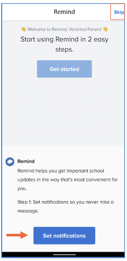 Set notifications screen with arrow pointing at Set notifications button and box around Skip